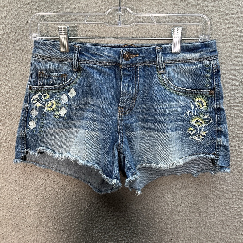 Harper‎ Shorts Womens 28 Blue Mid Rise Cut Off Embroidered Distressed Preppy